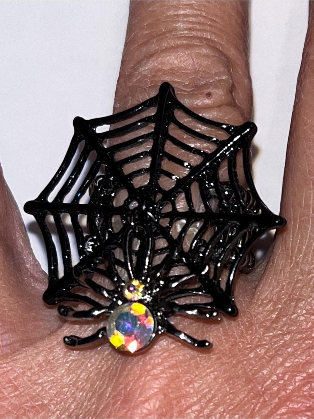 Black Spider Web Ring with Iridescent Gem Halloween OSFM 🎃